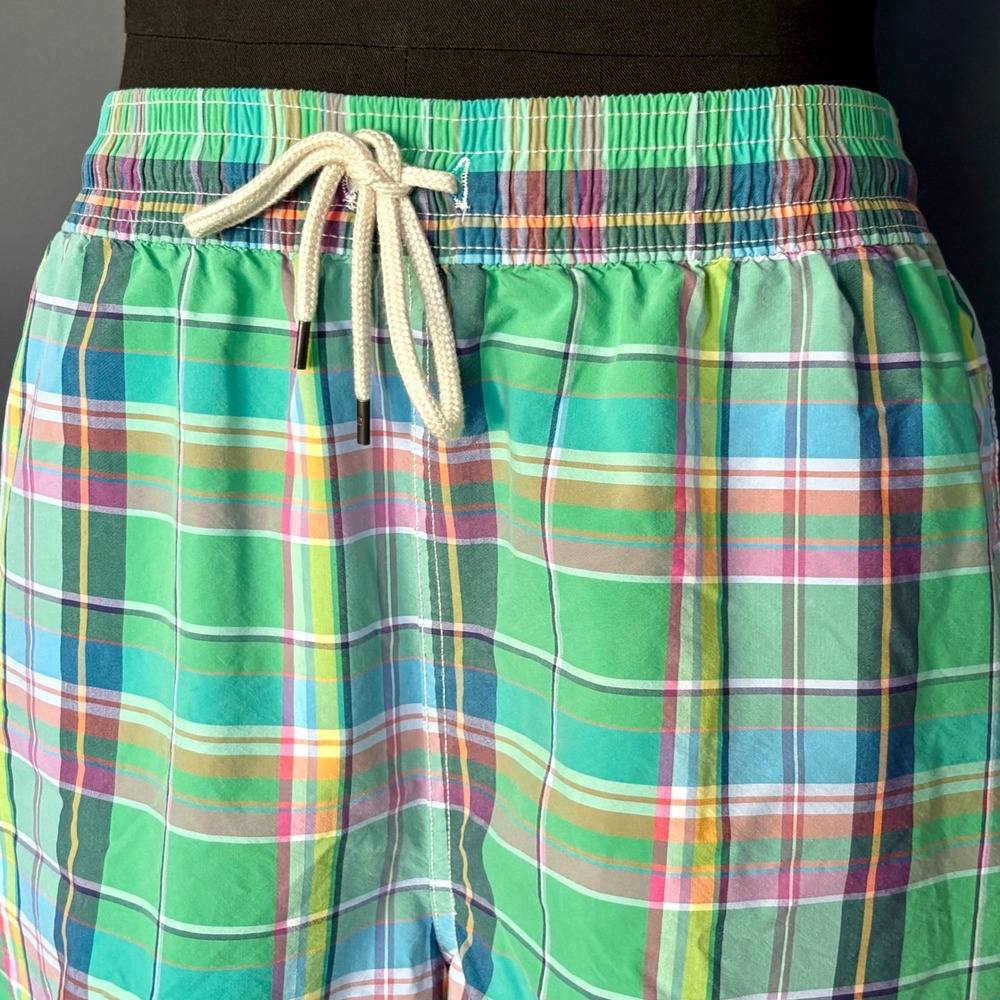 Polo Ralph Lauren Madras Swim Trunks | Sz XXL | Green Plaid Mesh Lined